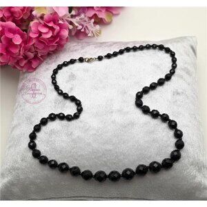 Vintage Black Faceted Glass Necklace, Graduated Beads, 24 In Brass Clasp